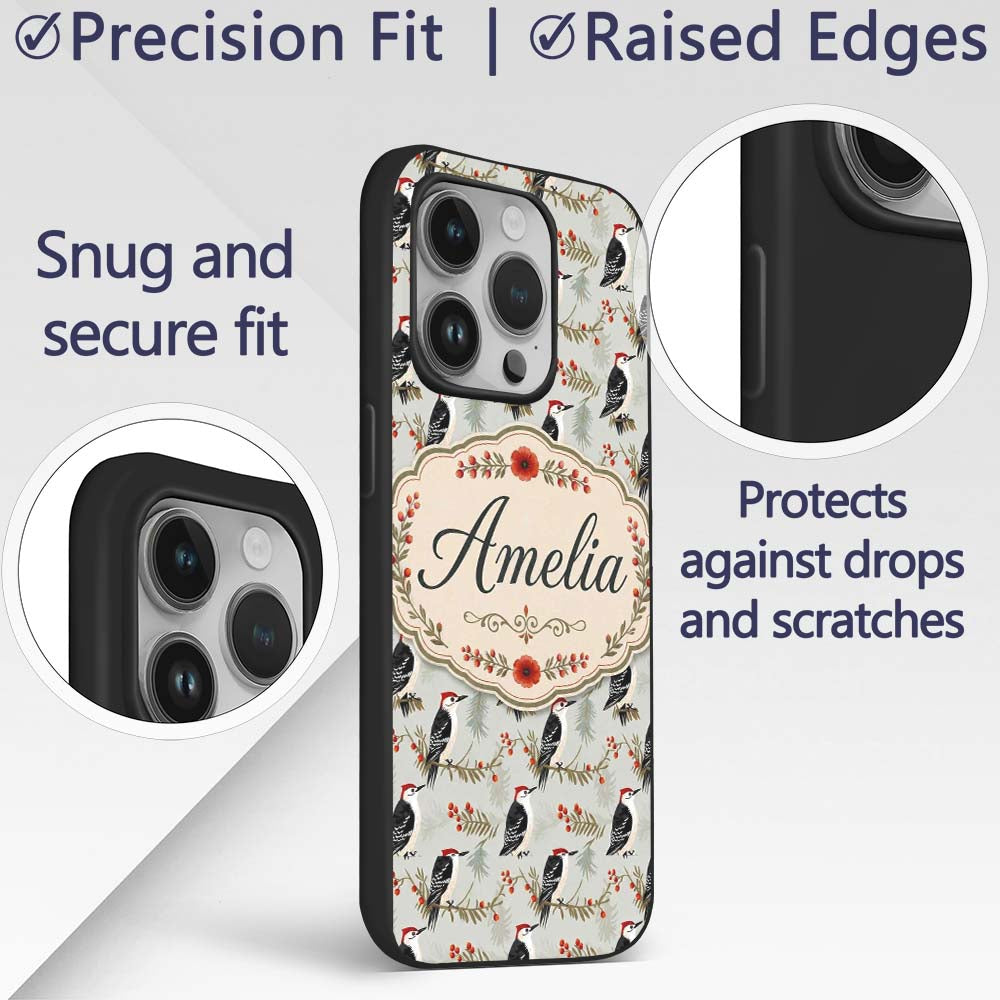 Classic Black White Woodpecker with Berry Branch Custom Name Protective Phone Case Mobile Cover Durable Everyday Smartphone Shock Resistant