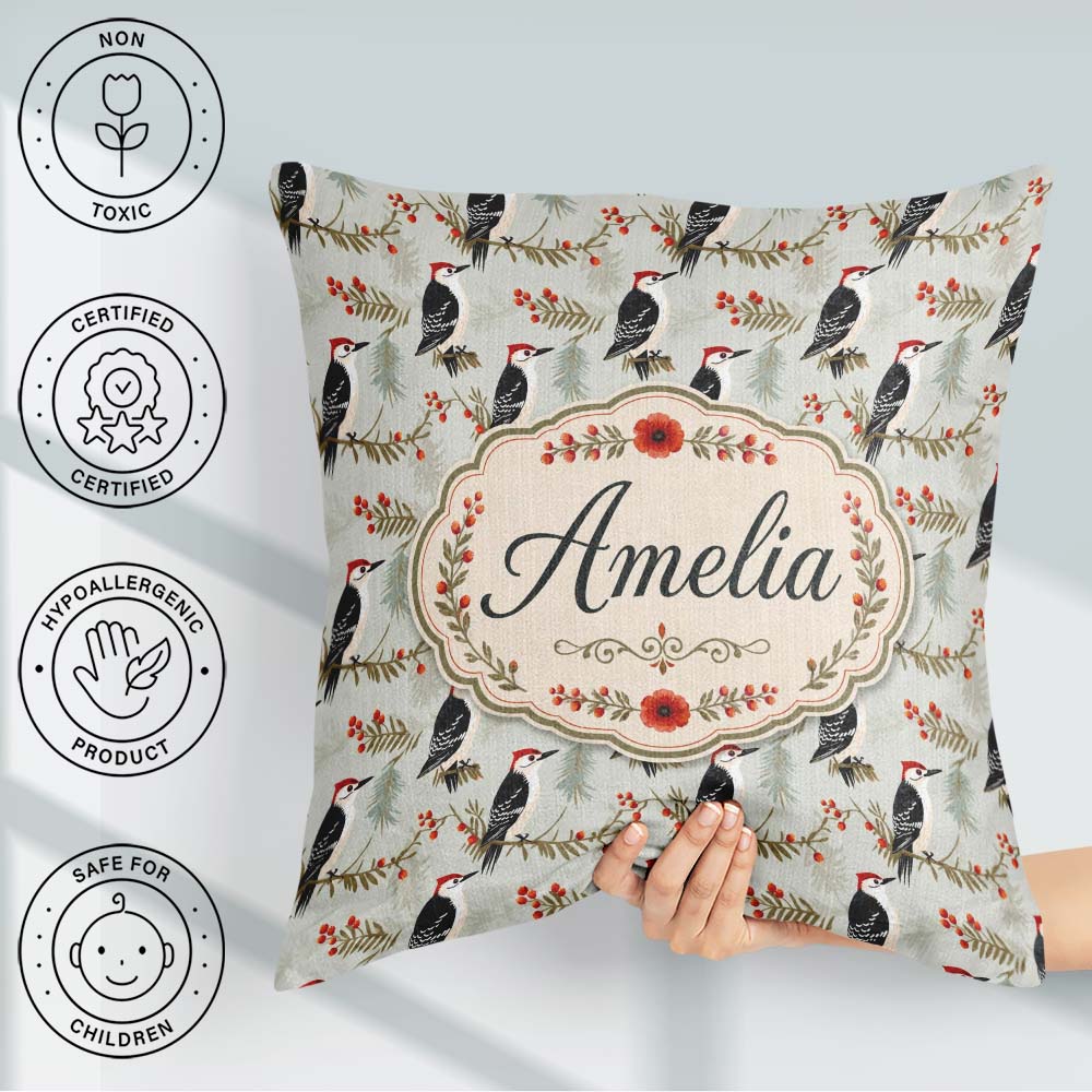 Custom Name Classic Black White Woodpecker Berry Branch Seamless Square Filled Cushion Throw Pillow Sofa Bed Home Decor Zip Washable UK Made