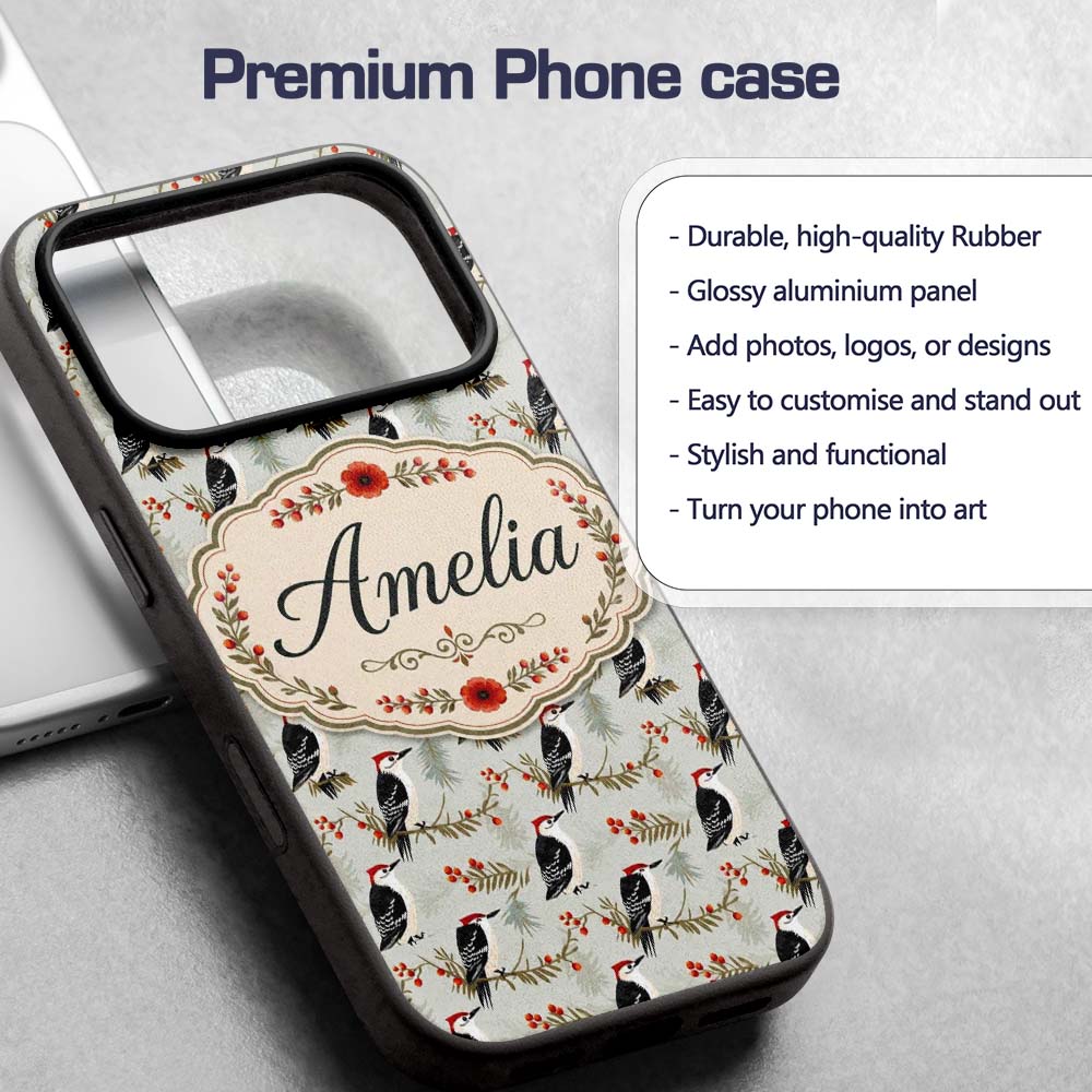Classic Black White Woodpecker with Berry Branch Custom Name Protective Phone Case Mobile Cover Durable Everyday Smartphone Shock Resistant
