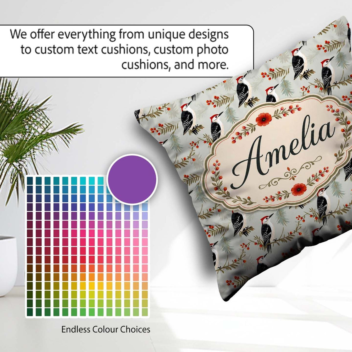 Custom Name Classic Black White Woodpecker Berry Branch Seamless Square Filled Cushion Throw Pillow Sofa Bed Home Decor Zip Washable UK Made