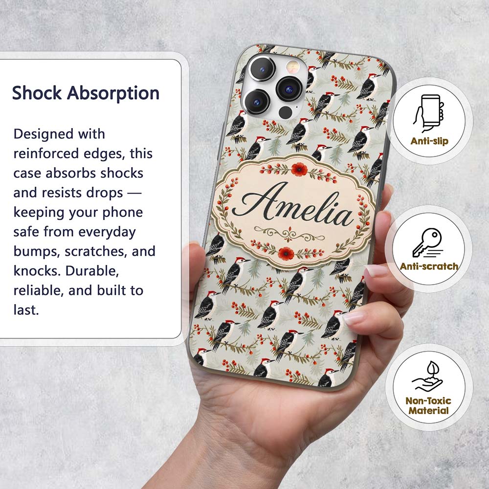 Classic Black White Woodpecker with Berry Branch Custom Name Protective Phone Case Mobile Cover Durable Everyday Smartphone Shock Resistant