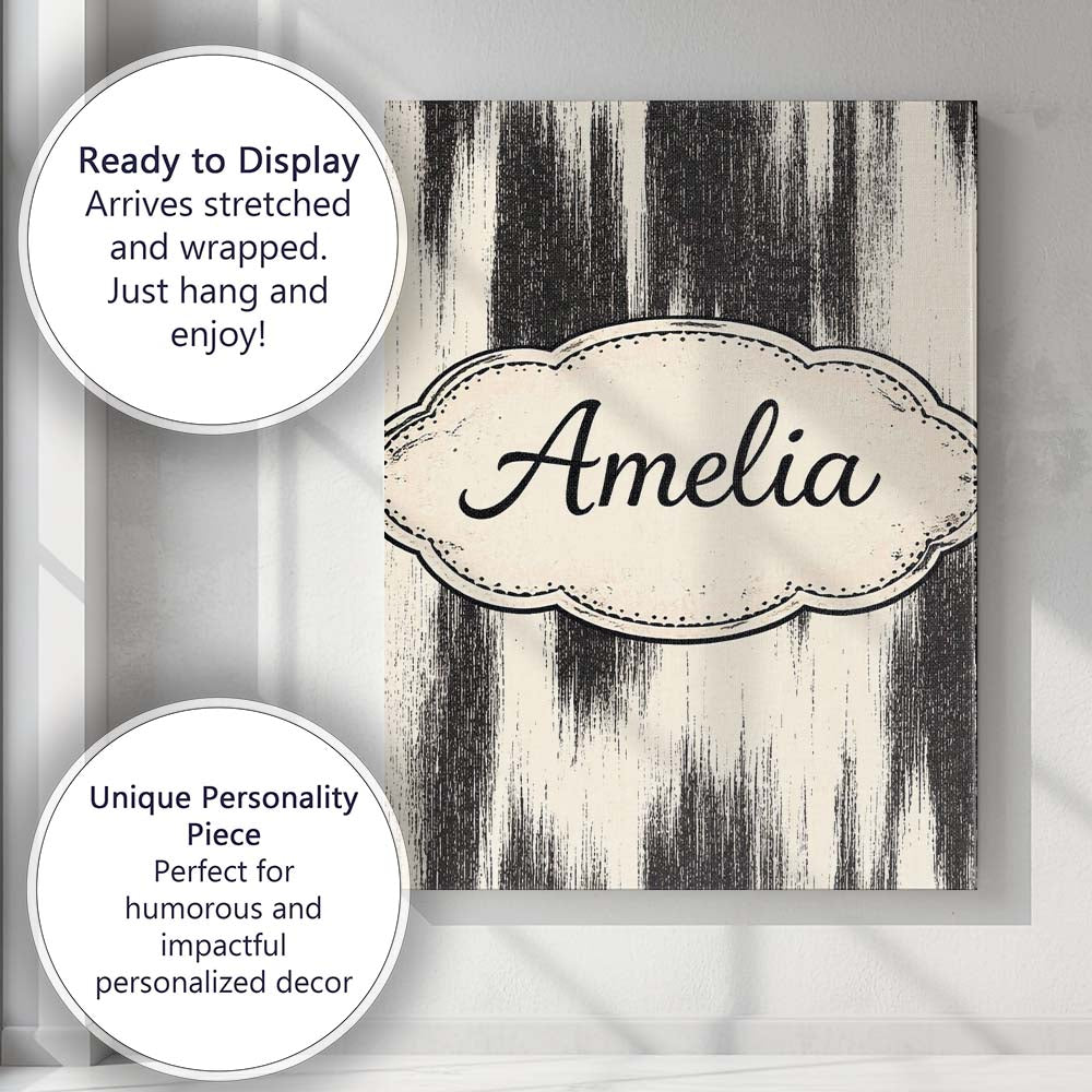 Personalised Name Wavy Woodgrain Lines Black Cream Organic Texture Custom Unique Canvas Wall Art Print Decor Picture Ready to Hang