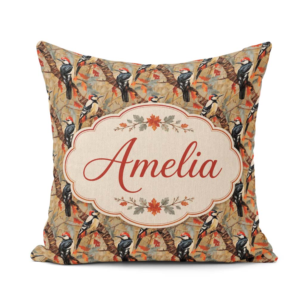 Custom Name Autumn Woodpecker Birds with Orange Seamless Pattern Square Filled Cushion Throw Pillow Sofa Bed Home Decor Zip Washable UK Made