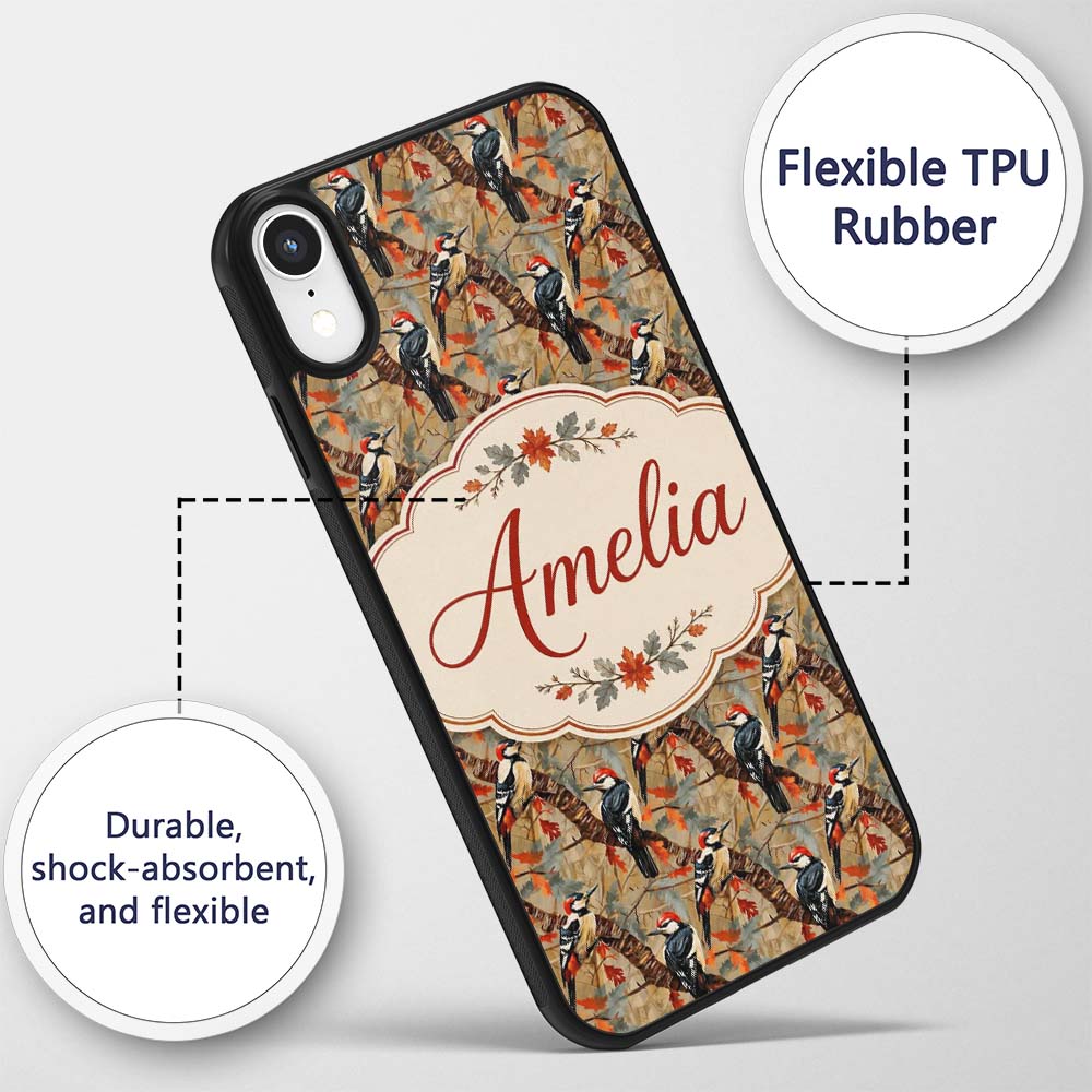 Autumn Woodpecker Birds with Decorative Design Custom Name Protective Phone Case Mobile Cover Durable Everyday Smartphone Shock Resistant