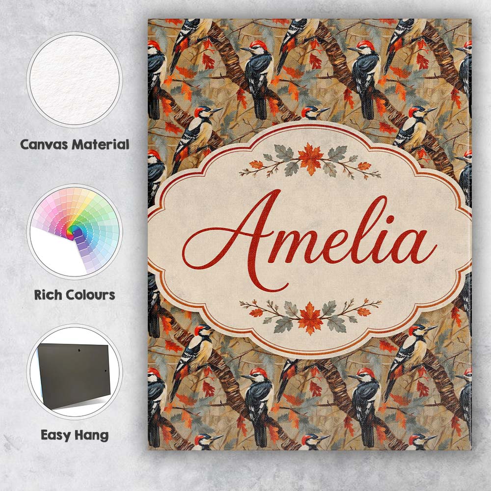 Personalised Name Autumn Woodpecker Birds Custom Unique Gift Idea Elegant Feature Canvas Wall Art Print Decor Picture Ready to Hang