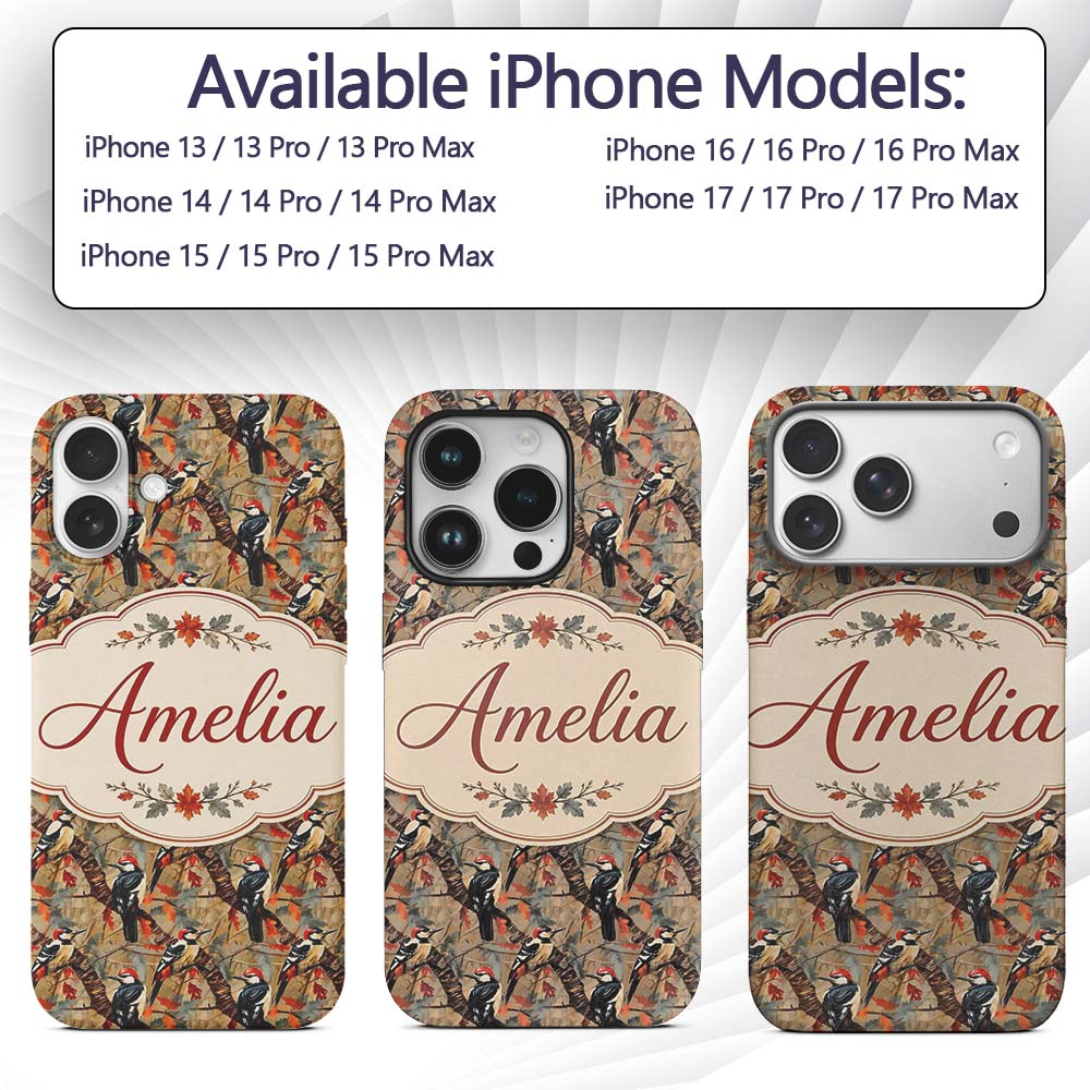 Autumn Woodpecker Birds with Decorative Design Custom Name Protective Phone Case Mobile Cover Durable Everyday Smartphone Shock Resistant