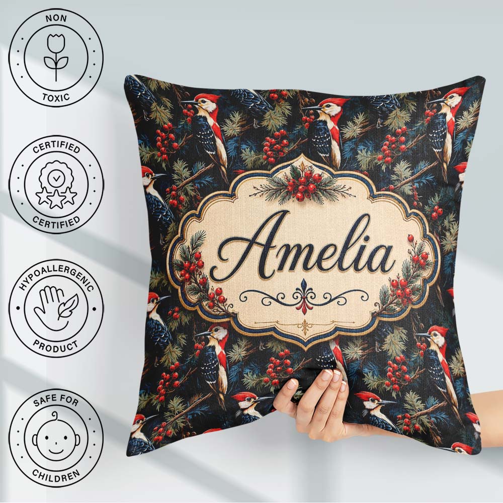 Custom Name Dark Forest Woodpecker with Berries Seamless Pattern Square Filled Cushion Throw Pillow Sofa Bed Home Decor Zip Washable UK Made
