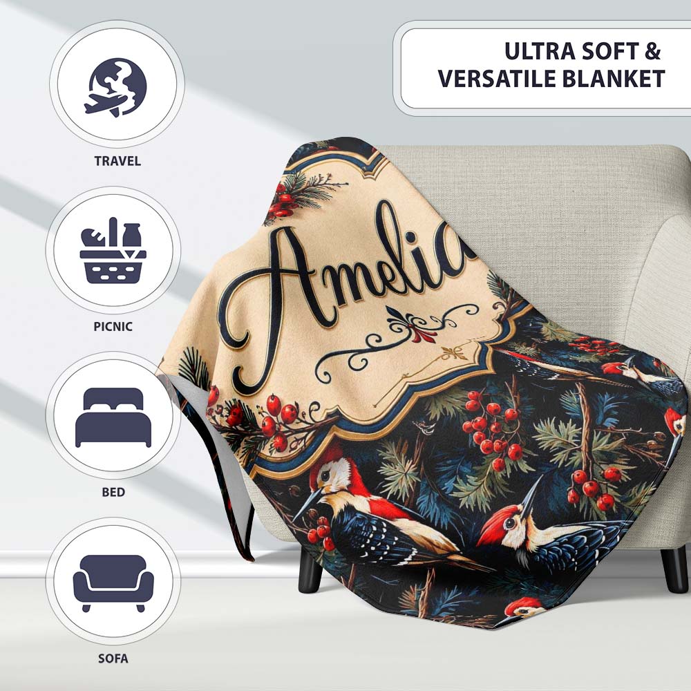 Dark Forest Woodpecker Birds with Berries Seamless Pattern Lovely Personalised Custom Name Super Soft Fleece Blanket Bed Sofa Throw