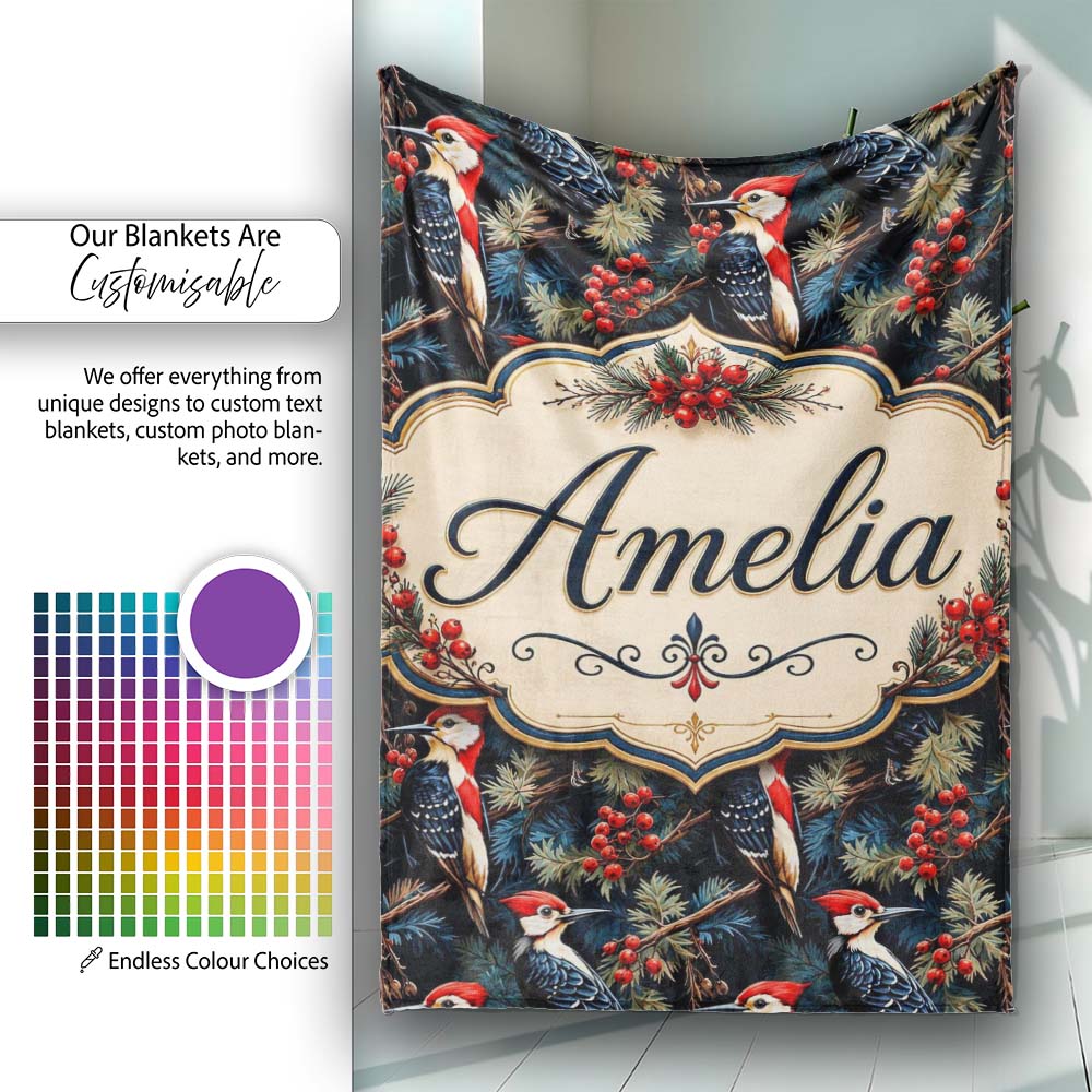 Dark Forest Woodpecker Birds with Berries Seamless Pattern Lovely Personalised Custom Name Super Soft Fleece Blanket Bed Sofa Throw