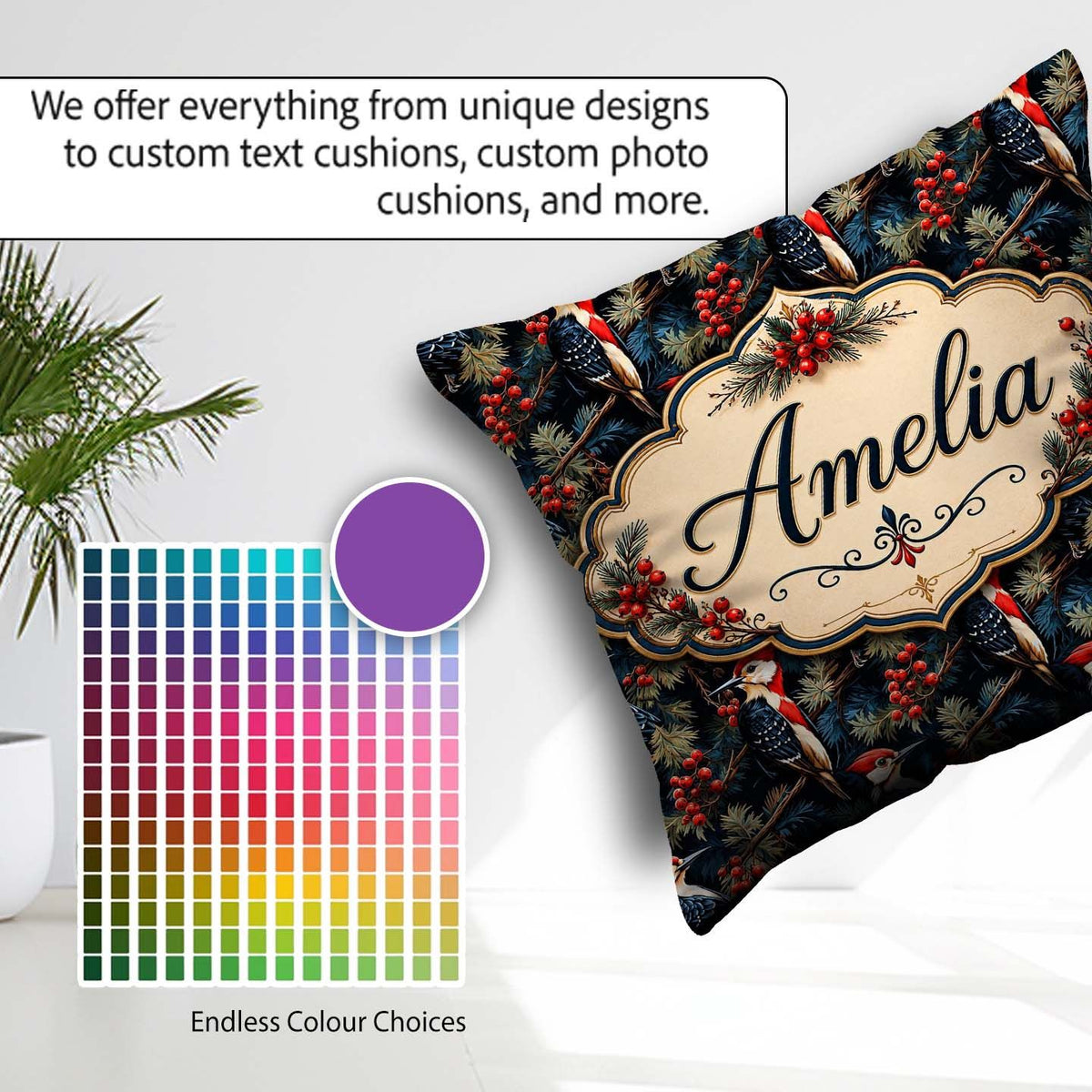 Custom Name Dark Forest Woodpecker with Berries Seamless Pattern Square Filled Cushion Throw Pillow Sofa Bed Home Decor Zip Washable UK Made