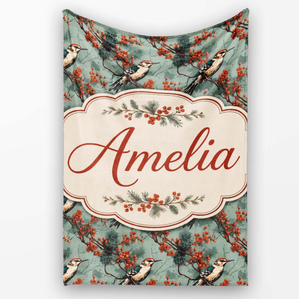 Decorative Bird with Red Berry Branch Seamless Pattern Lovely Personalised Custom Name Super Soft Fleece Blanket Bed Sofa Throw