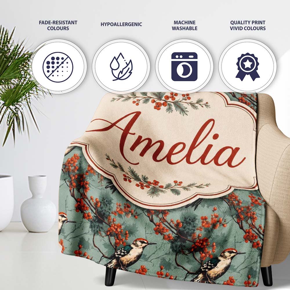 Decorative Bird with Red Berry Branch Seamless Pattern Lovely Personalised Custom Name Super Soft Fleece Blanket Bed Sofa Throw