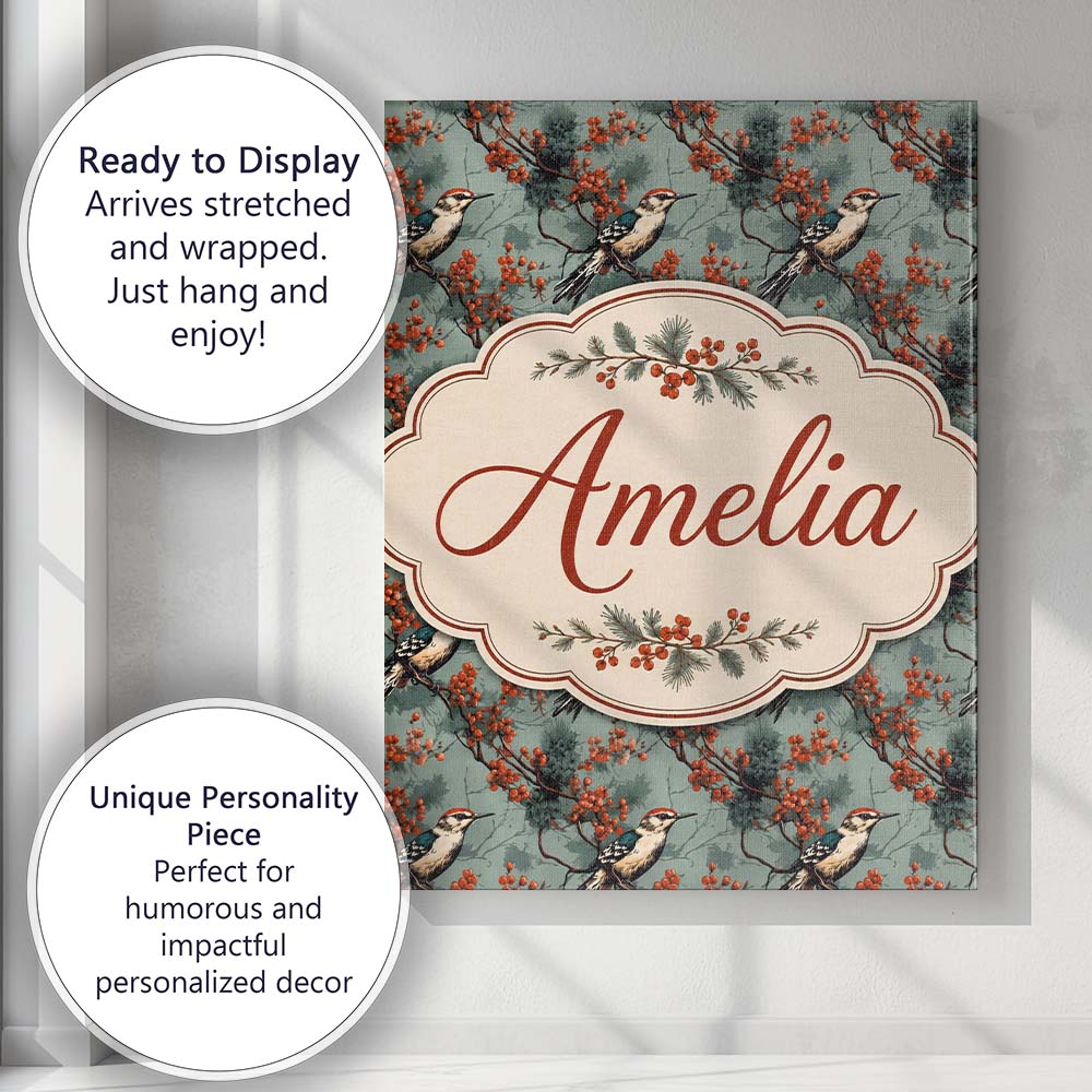 Personalised Name Decorative Bird with Red Custom Unique Gift Idea Elegant Feature Canvas Wall Art Print Decor Picture Ready to Hang