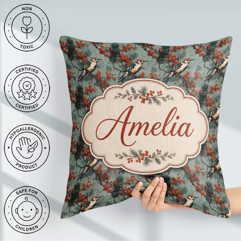 Custom Name Decorative Bird with Red Berry Branch Pattern Lovely Square Filled Cushion Throw Pillow Sofa Bed Home Decor Zip Washable UK Made