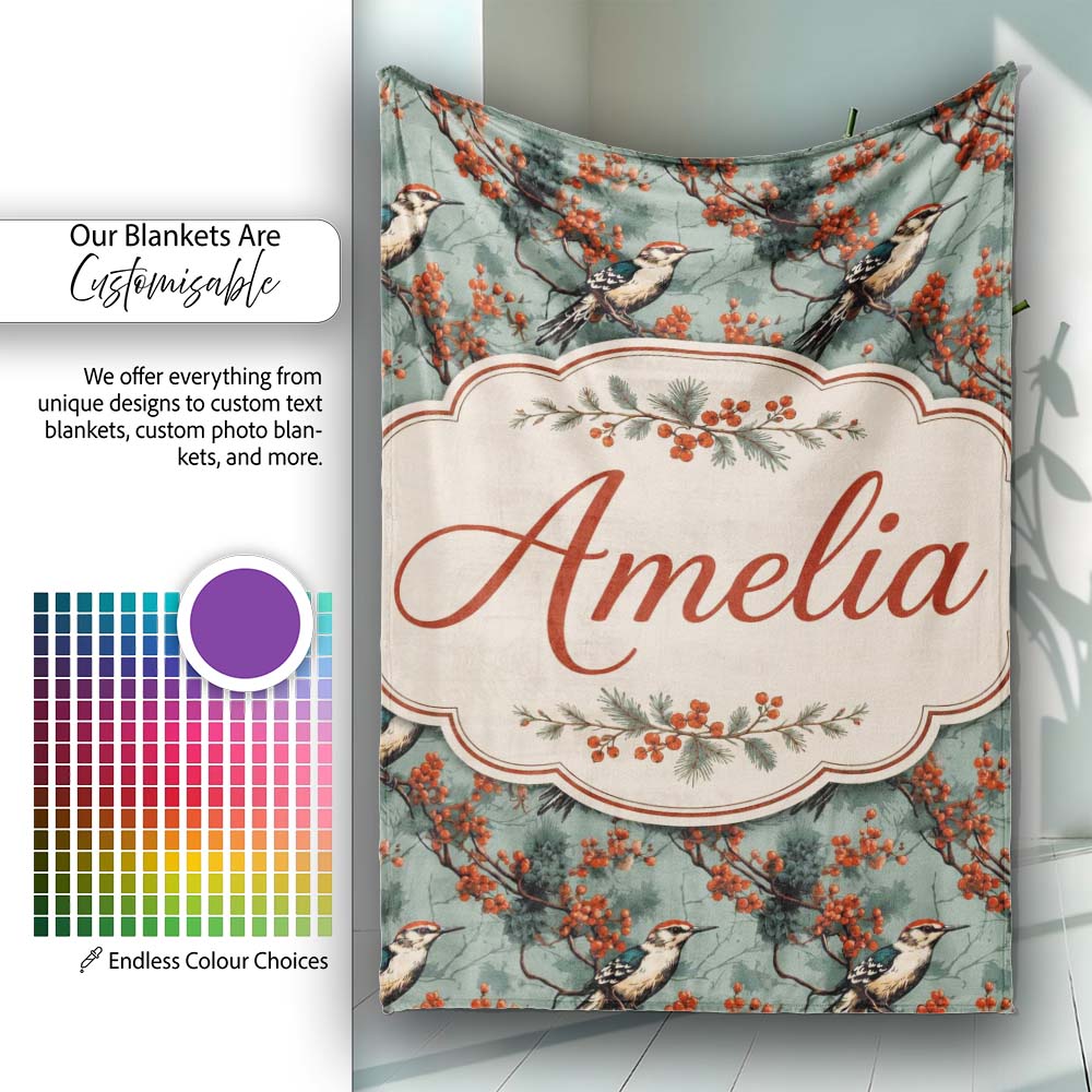 Decorative Bird with Red Berry Branch Seamless Pattern Lovely Personalised Custom Name Super Soft Fleece Blanket Bed Sofa Throw