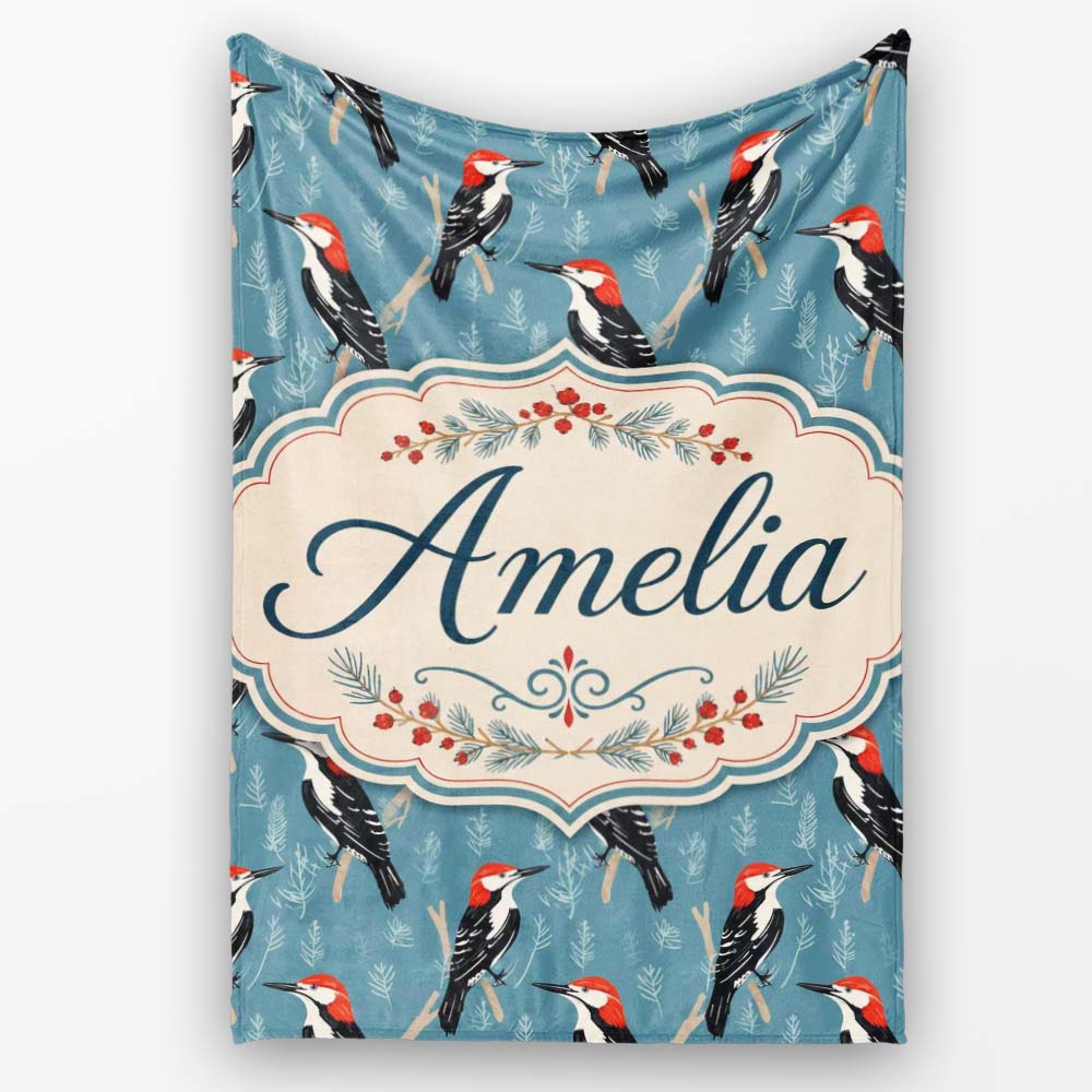 Red Headed Woodpecker Birds on Blue Forest Background Seamless Personalised Custom Name Super Soft Fleece Blanket Bed Sofa Throw