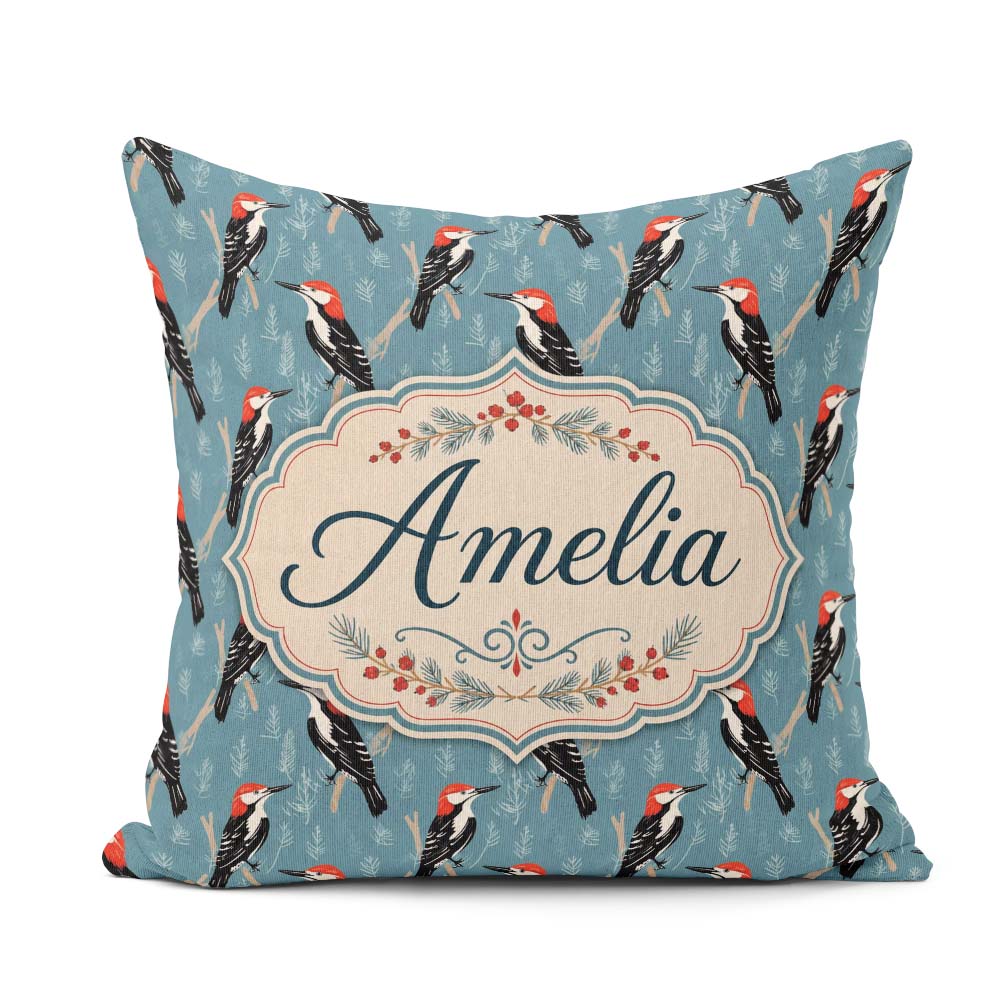Custom Name Red Headed Woodpecker Birds on Blue Forest Seamless Square Filled Cushion Throw Pillow Sofa Bed Home Decor Zip Washable UK Made