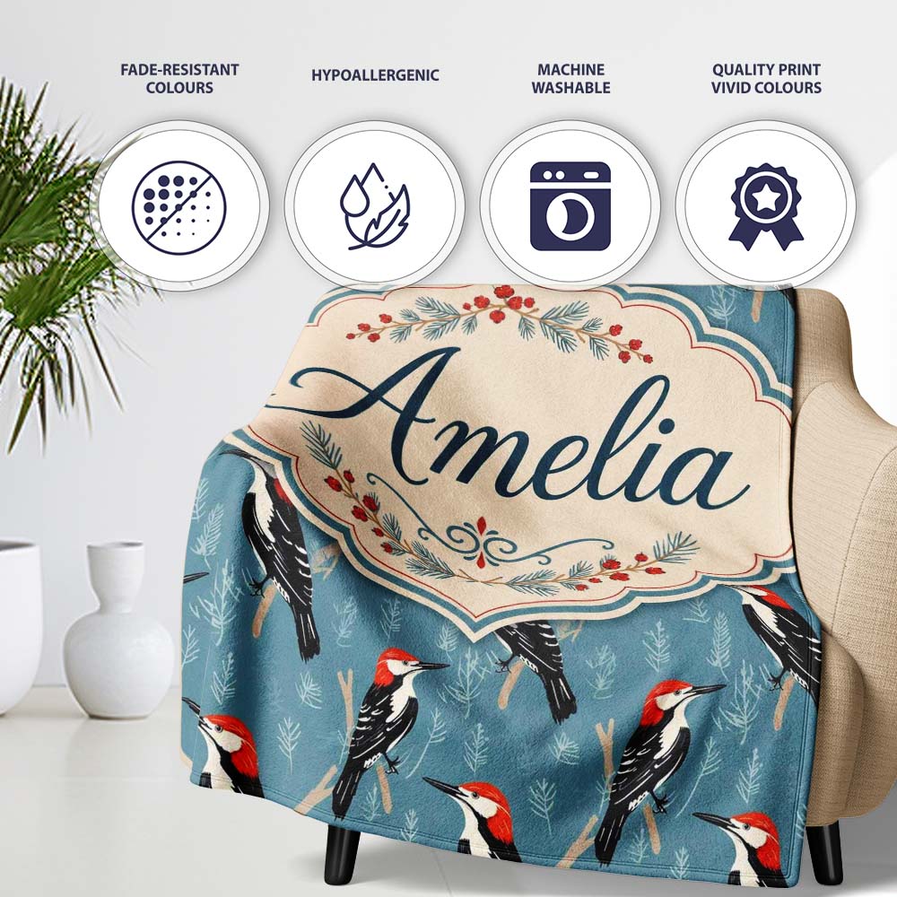 Red Headed Woodpecker Birds on Blue Forest Background Seamless Personalised Custom Name Super Soft Fleece Blanket Bed Sofa Throw