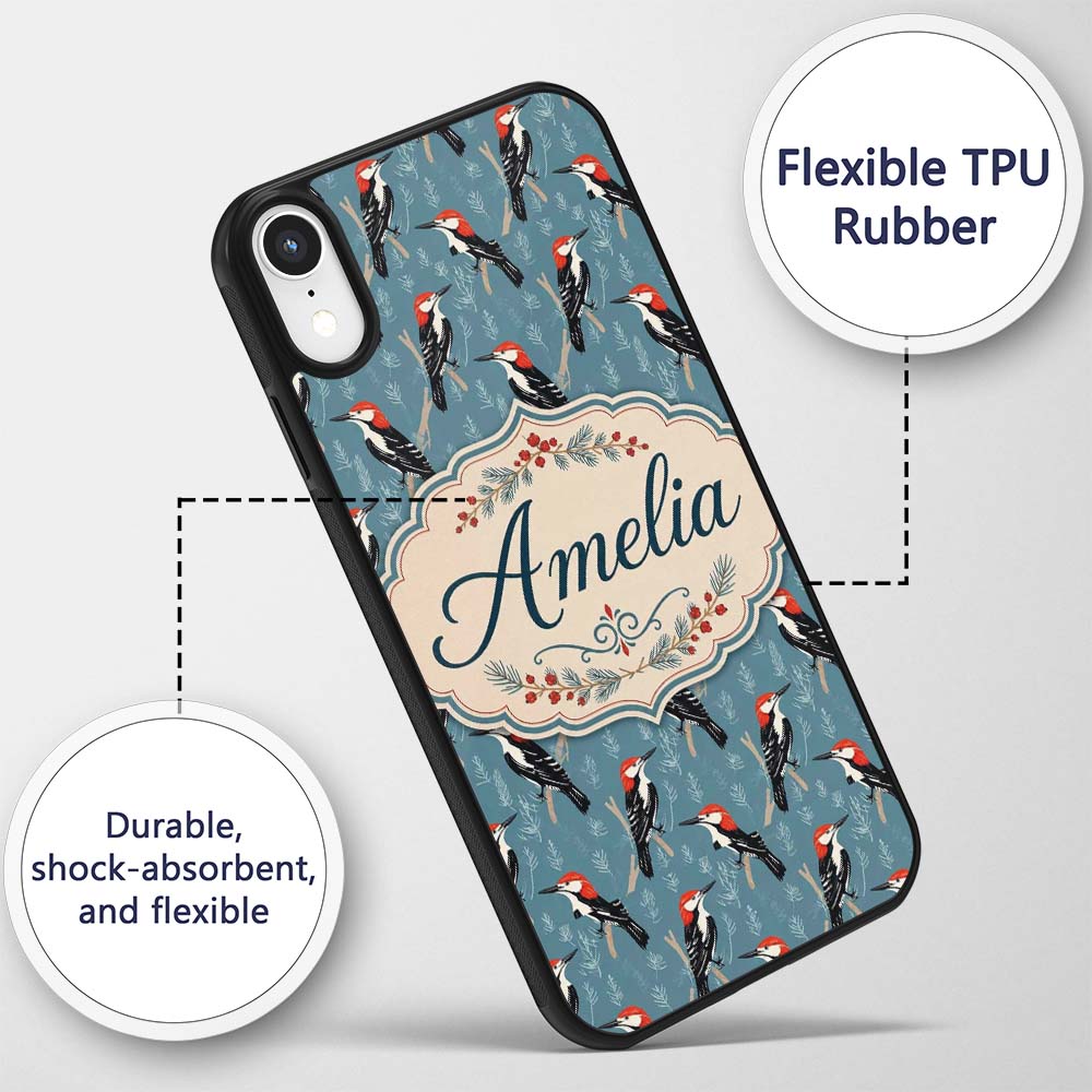 Red Headed Woodpecker Birds on Printed Design Custom Name Protective Phone Case Mobile Cover Durable Everyday Smartphone Shock Resistant