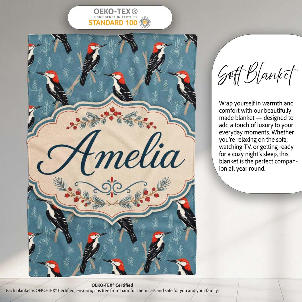 Red Headed Woodpecker Birds on Blue Forest Background Seamless Personalised Custom Name Super Soft Fleece Blanket Bed Sofa Throw