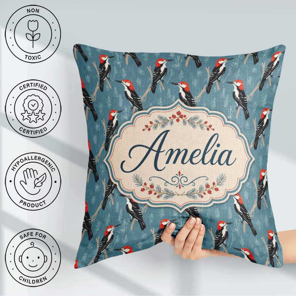 Custom Name Red Headed Woodpecker Birds on Blue Forest Seamless Square Filled Cushion Throw Pillow Sofa Bed Home Decor Zip Washable UK Made