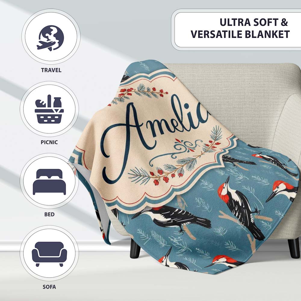 Red Headed Woodpecker Birds on Blue Forest Background Seamless Personalised Custom Name Super Soft Fleece Blanket Bed Sofa Throw