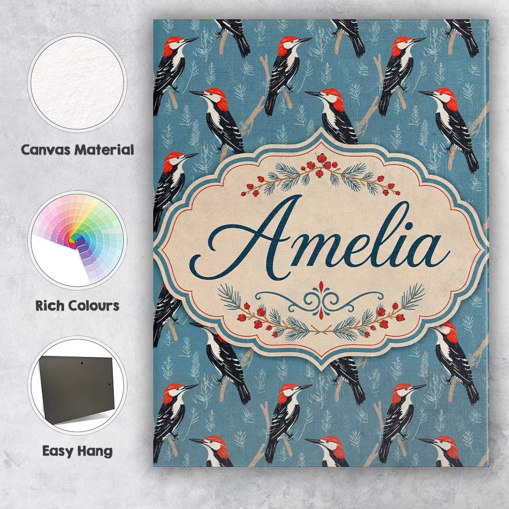 Personalised Name Red Headed Woodpecker Custom Modern Room Accent Elegant Feature Canvas Wall Art Print Decor Picture Ready to Hang