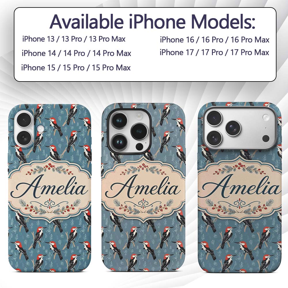 Red Headed Woodpecker Birds on Printed Design Custom Name Protective Phone Case Mobile Cover Durable Everyday Smartphone Shock Resistant
