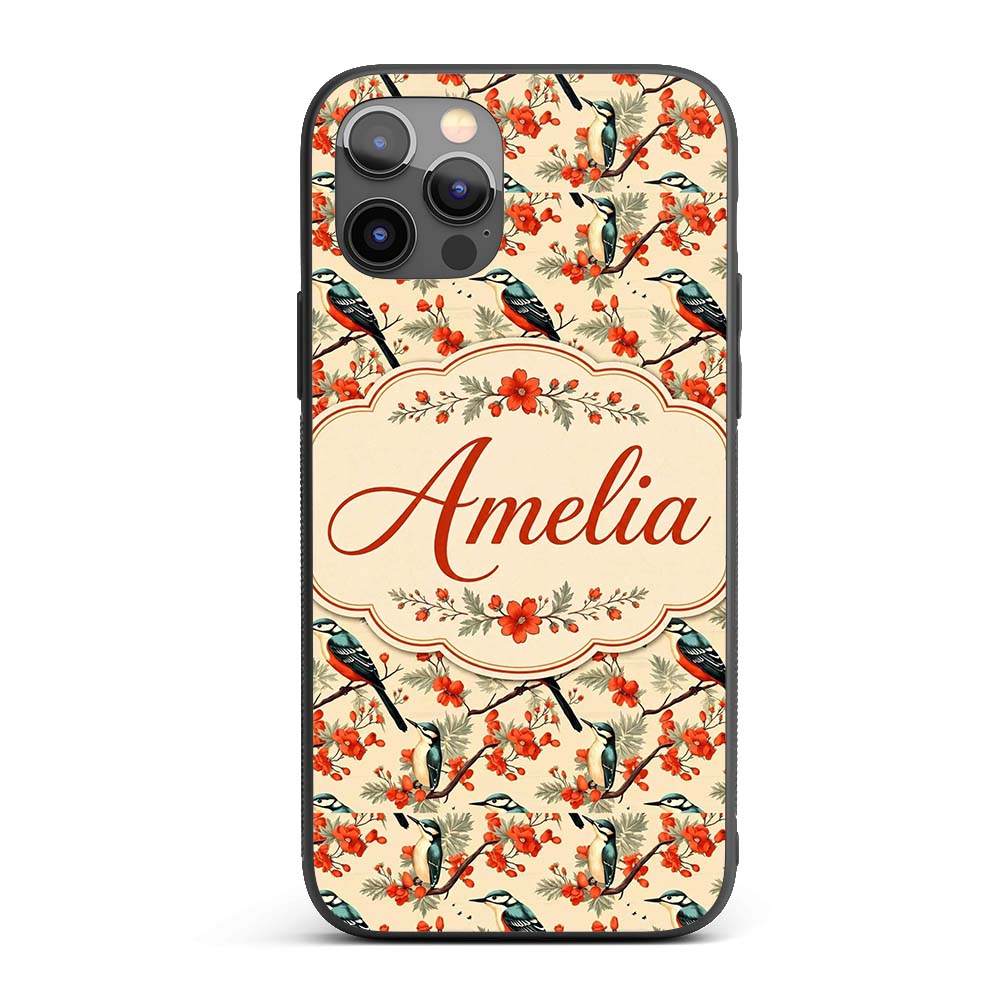 Blue and Red Birds with Floral Branch Garden Custom Name Protective Phone Case Mobile Cover Durable Everyday Smartphone Shock Resistant