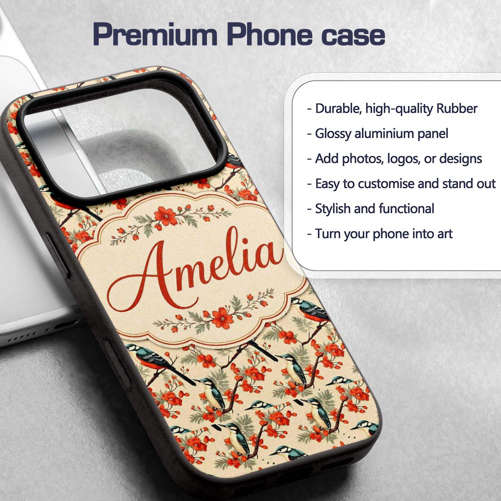 Blue and Red Birds with Floral Branch Garden Custom Name Protective Phone Case Mobile Cover Durable Everyday Smartphone Shock Resistant