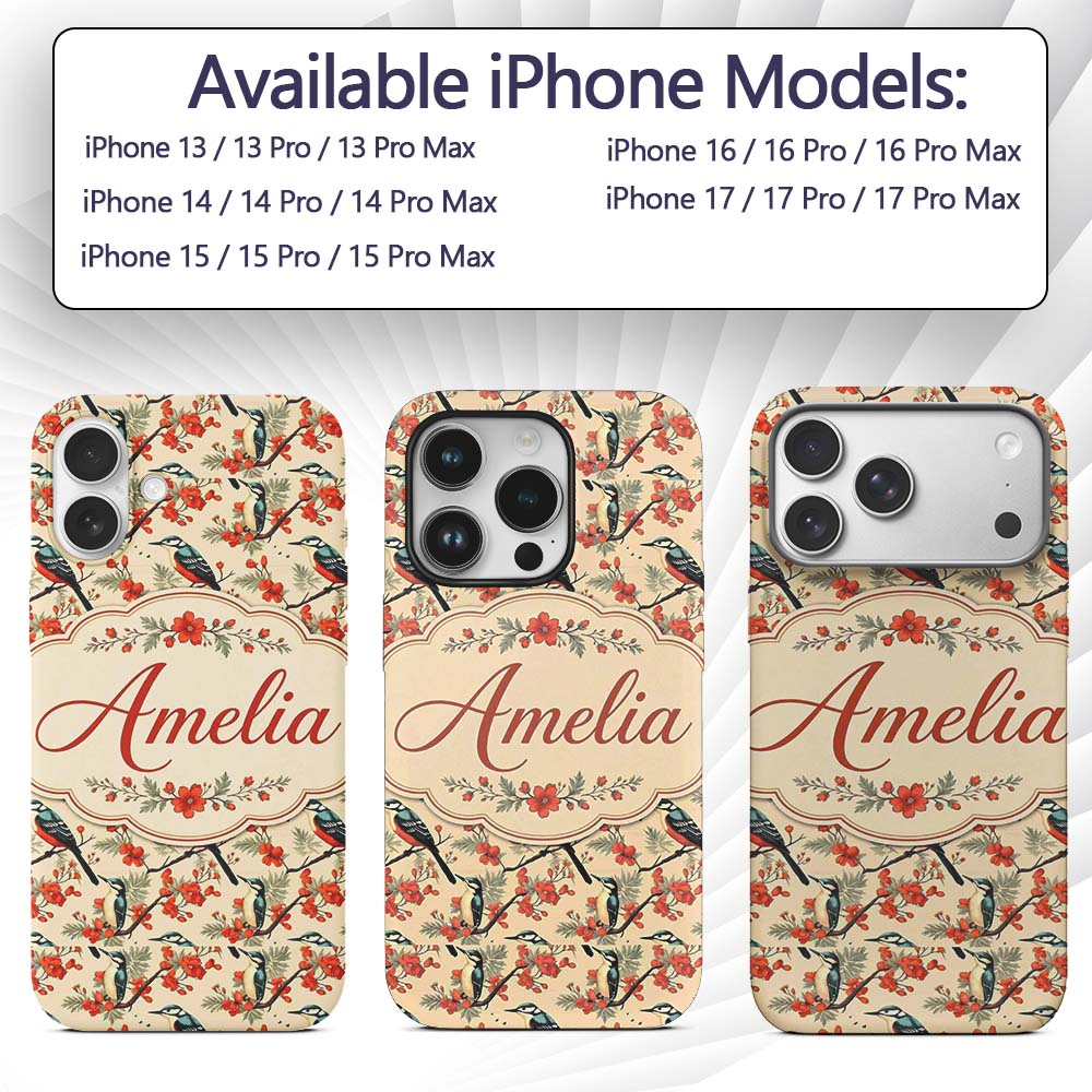 Blue and Red Birds with Floral Branch Garden Custom Name Protective Phone Case Mobile Cover Durable Everyday Smartphone Shock Resistant