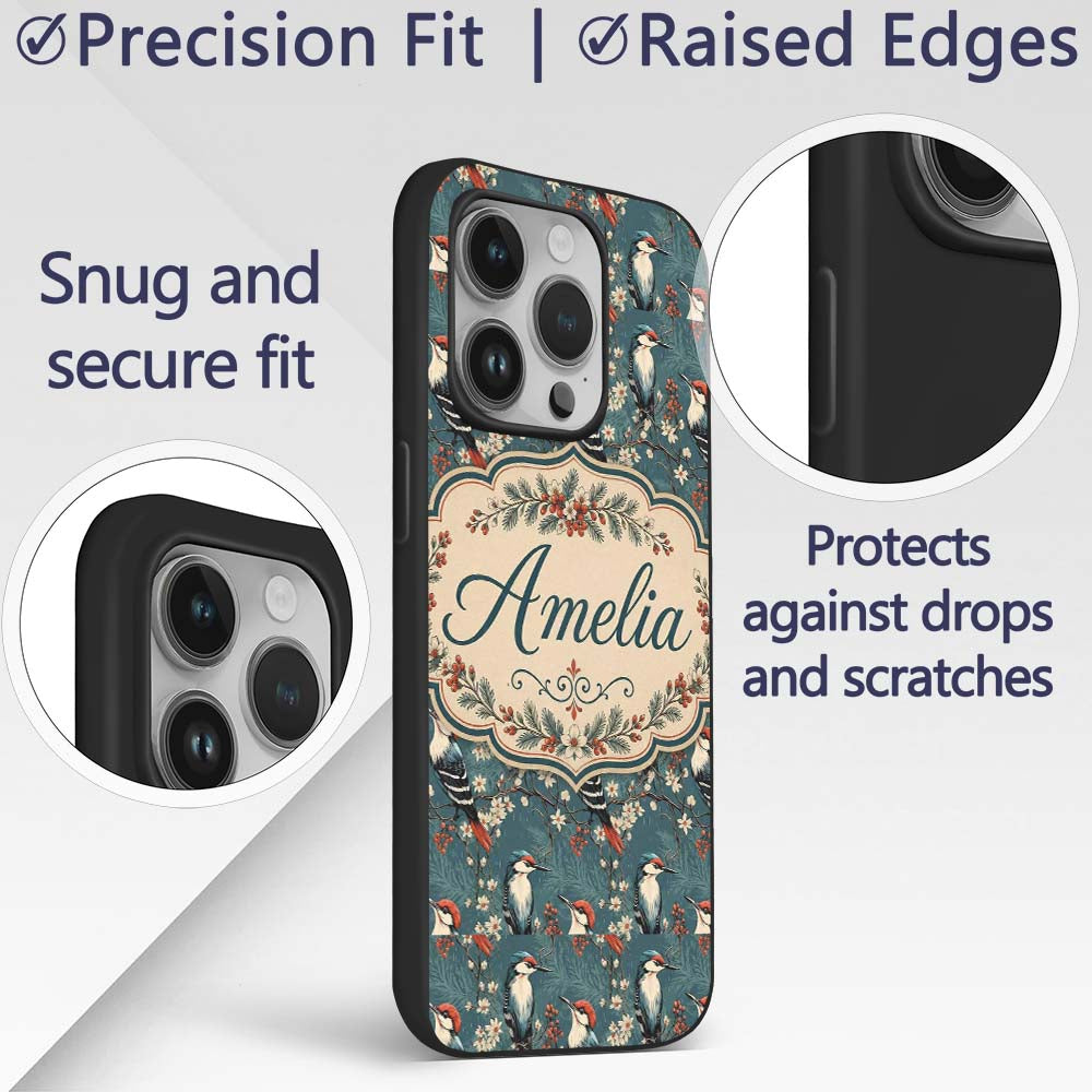 Vintage Style Woodpecker Birds with Blossoms and Custom Name Protective Phone Case Mobile Cover Durable Everyday Smartphone Shock Resistant
