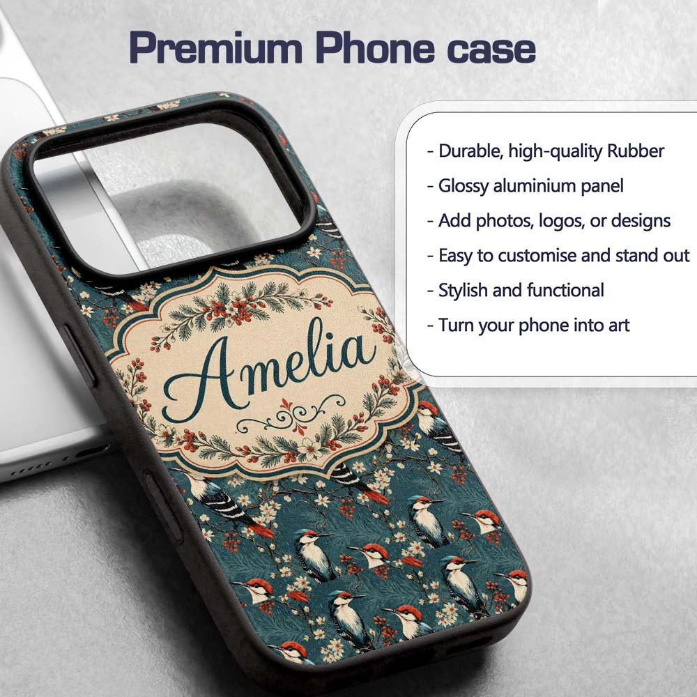 Vintage Style Woodpecker Birds with Blossoms and Custom Name Protective Phone Case Mobile Cover Durable Everyday Smartphone Shock Resistant