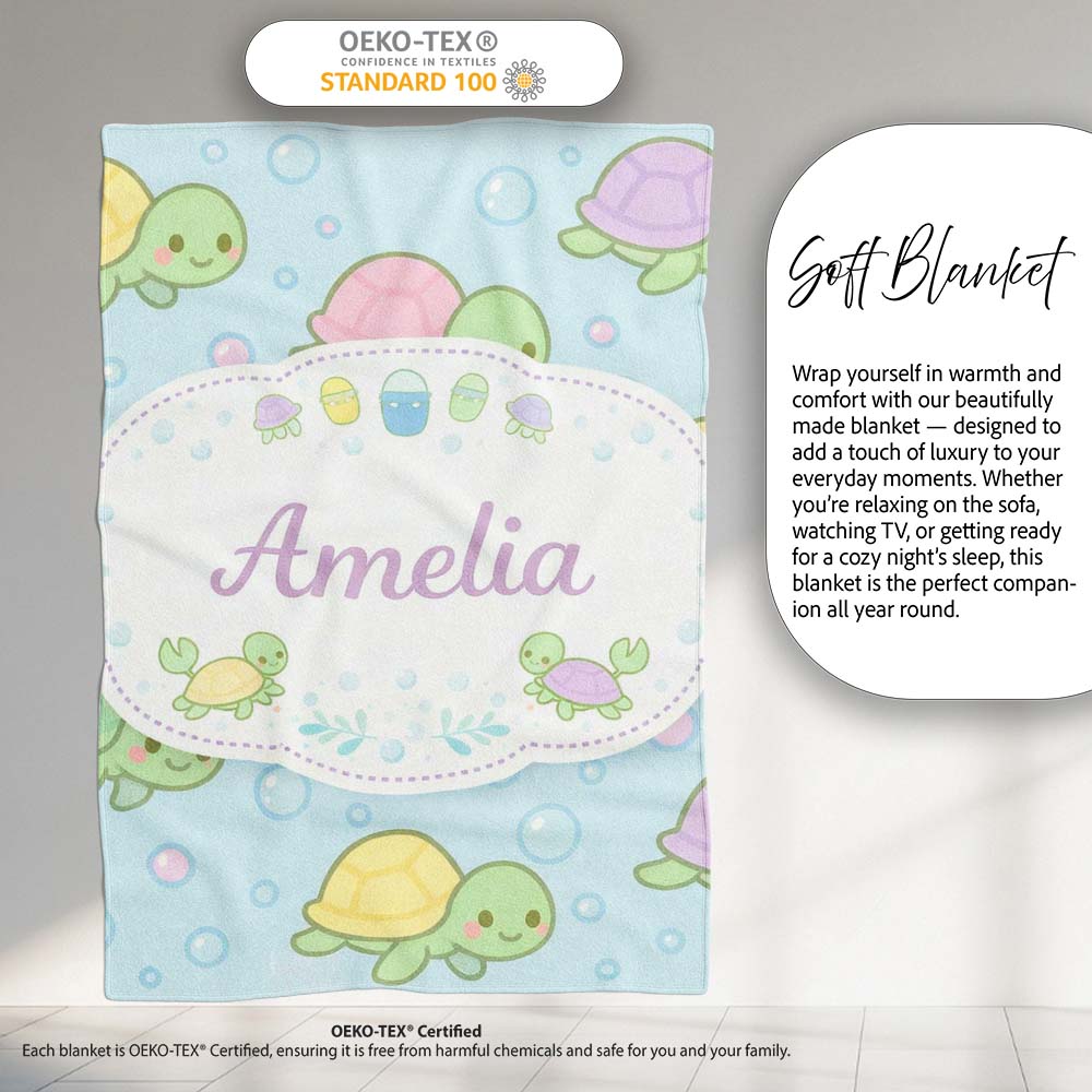 Cute Pastel Turtle Cartoon Animal Ocean Pattern Beautiful Coffee Cup Personalised Custom Name Super Soft Fleece Blanket Bed Sofa Throw