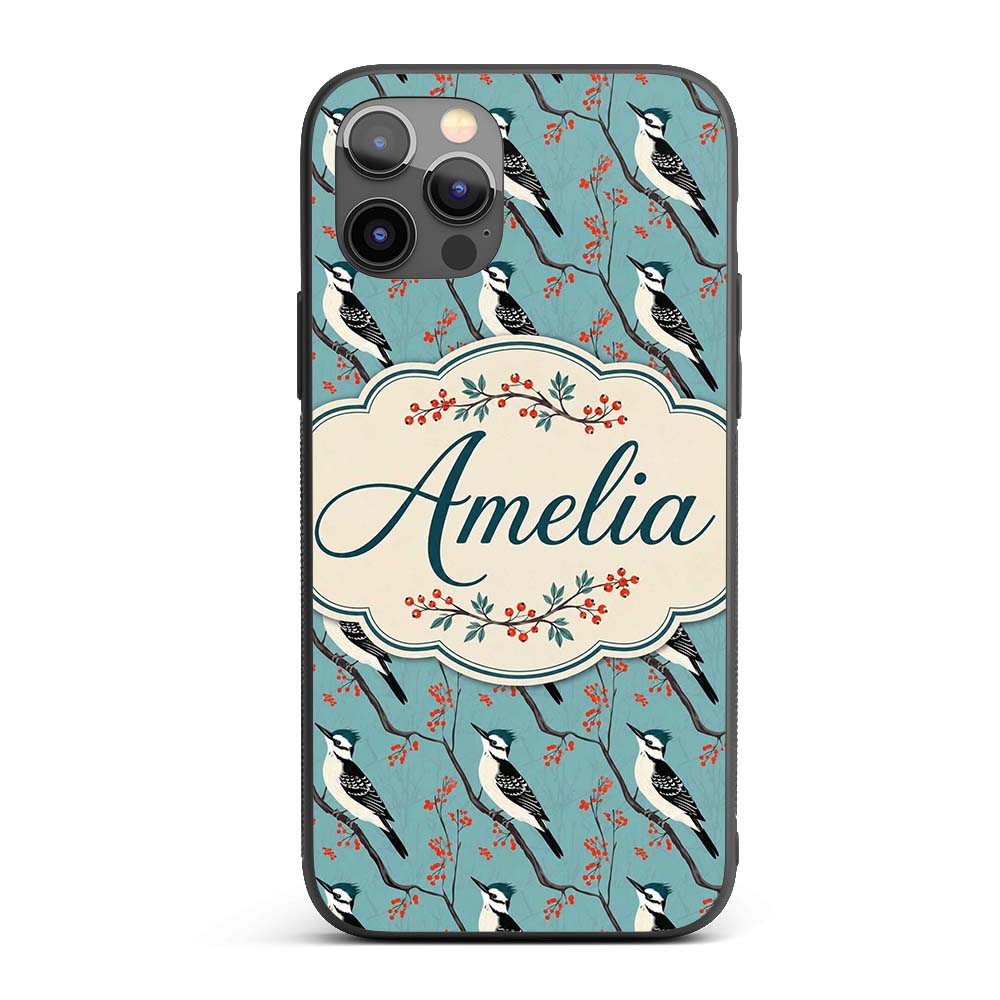 Black and White Woodpecker Birds with Red Berries Custom Name Protective Phone Case Mobile Cover Durable Everyday Smartphone Shock Resistant