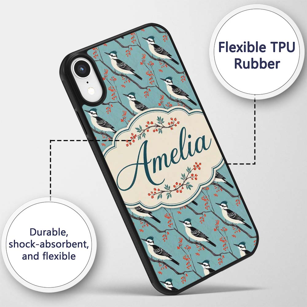 Black and White Woodpecker Birds with Red Berries Custom Name Protective Phone Case Mobile Cover Durable Everyday Smartphone Shock Resistant