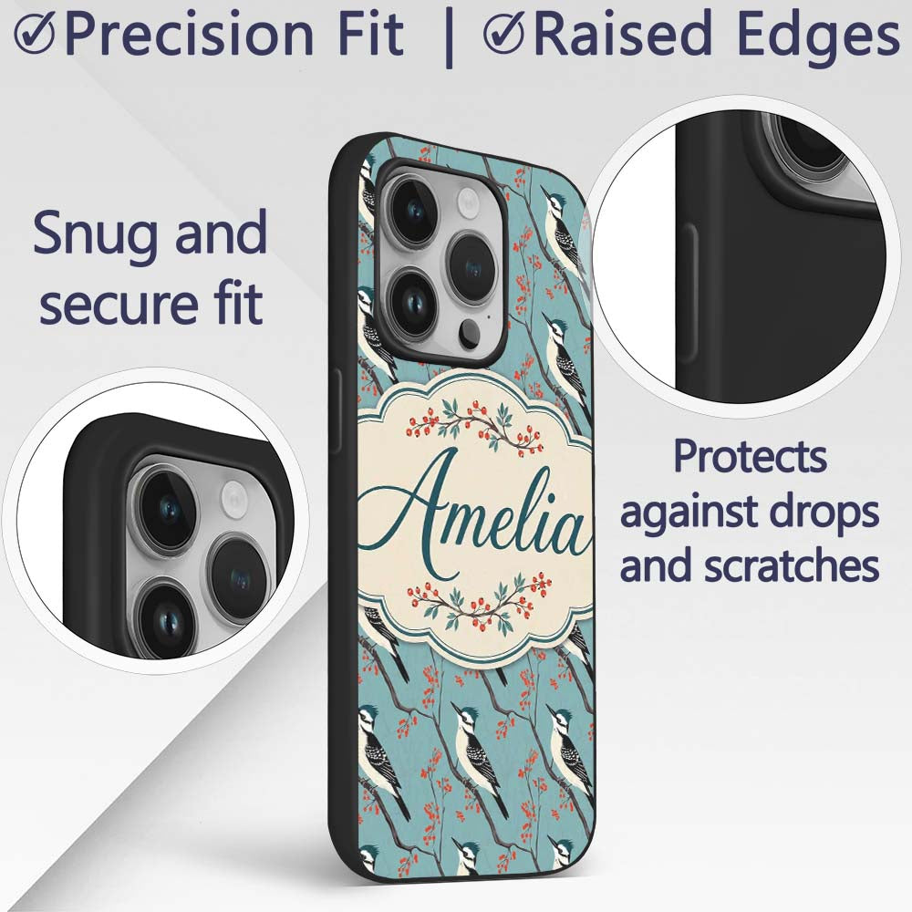 Black and White Woodpecker Birds with Red Berries Custom Name Protective Phone Case Mobile Cover Durable Everyday Smartphone Shock Resistant