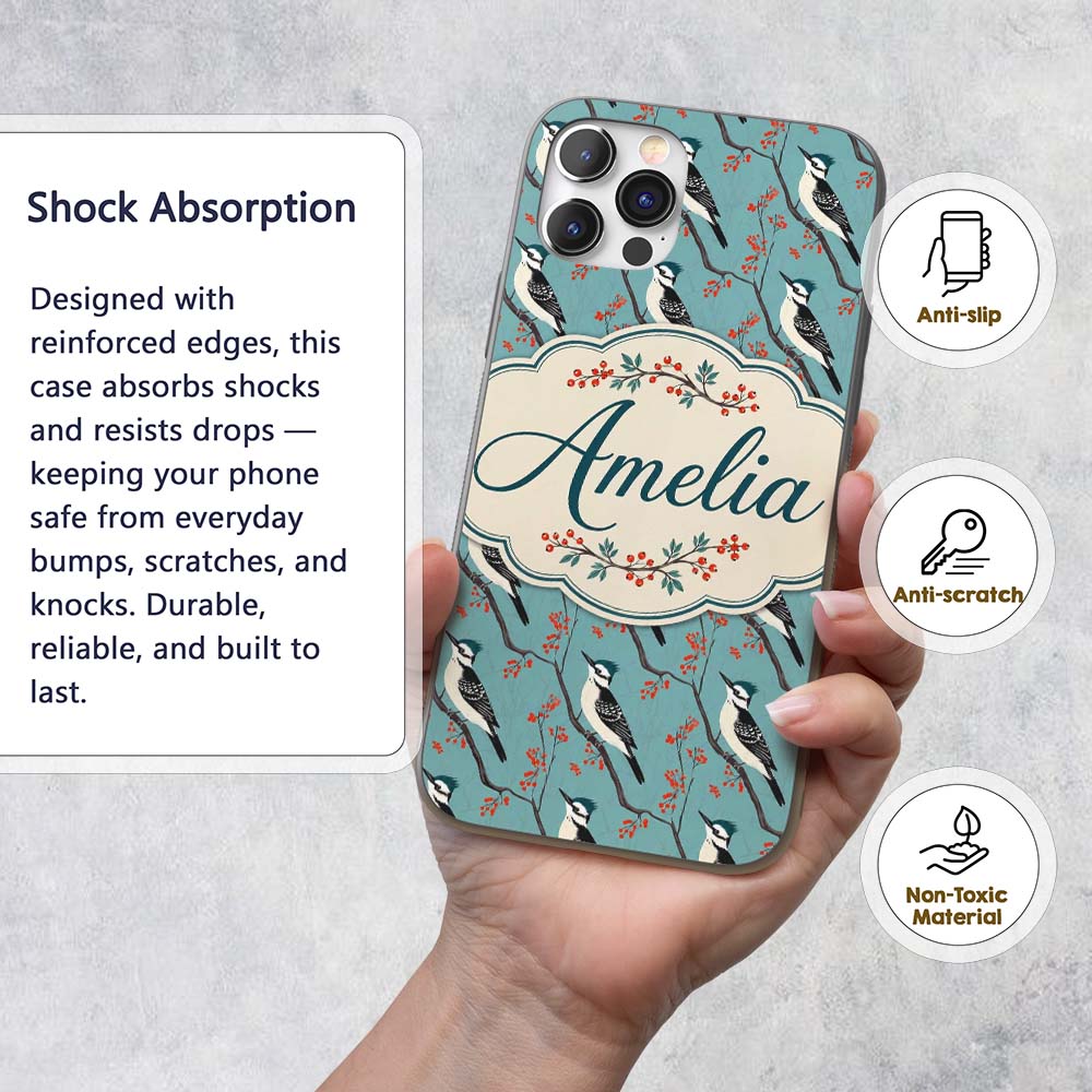 Black and White Woodpecker Birds with Red Berries Custom Name Protective Phone Case Mobile Cover Durable Everyday Smartphone Shock Resistant