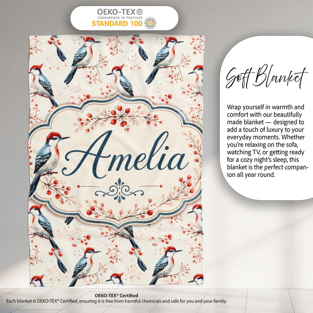 Soft Watercolor Woodpecker Birds with Berry Branch Seamless Pattern Personalised Custom Name Super Soft Fleece Blanket Bed Sofa Throw