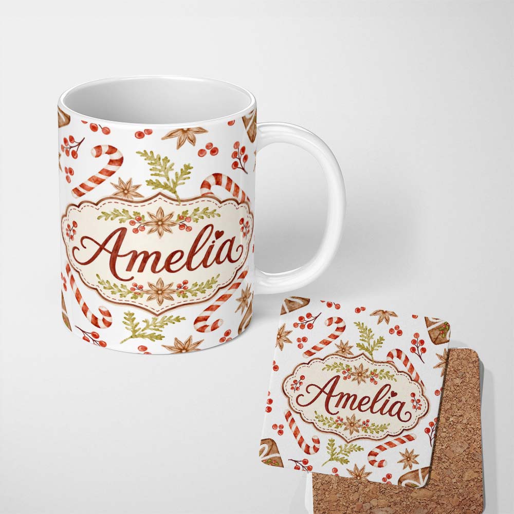 Personalized Custom Name Watercolor Candy Canes Gift Box Berries and Winter Botanical Lovely 11oz Ceramic Coffee Tea Mug White Large Handle