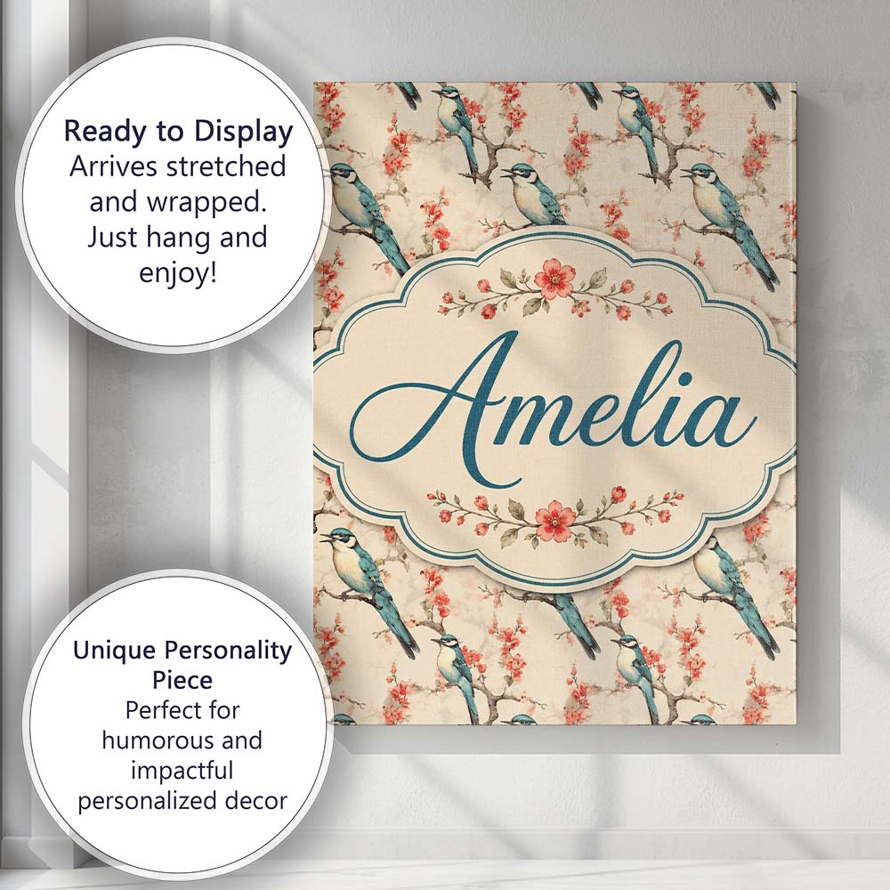 Personalised Name Elegant Blue Birds with Custom Bespoke Decorative Contemporary Canvas Wall Art Print Decor Picture Ready to Hang