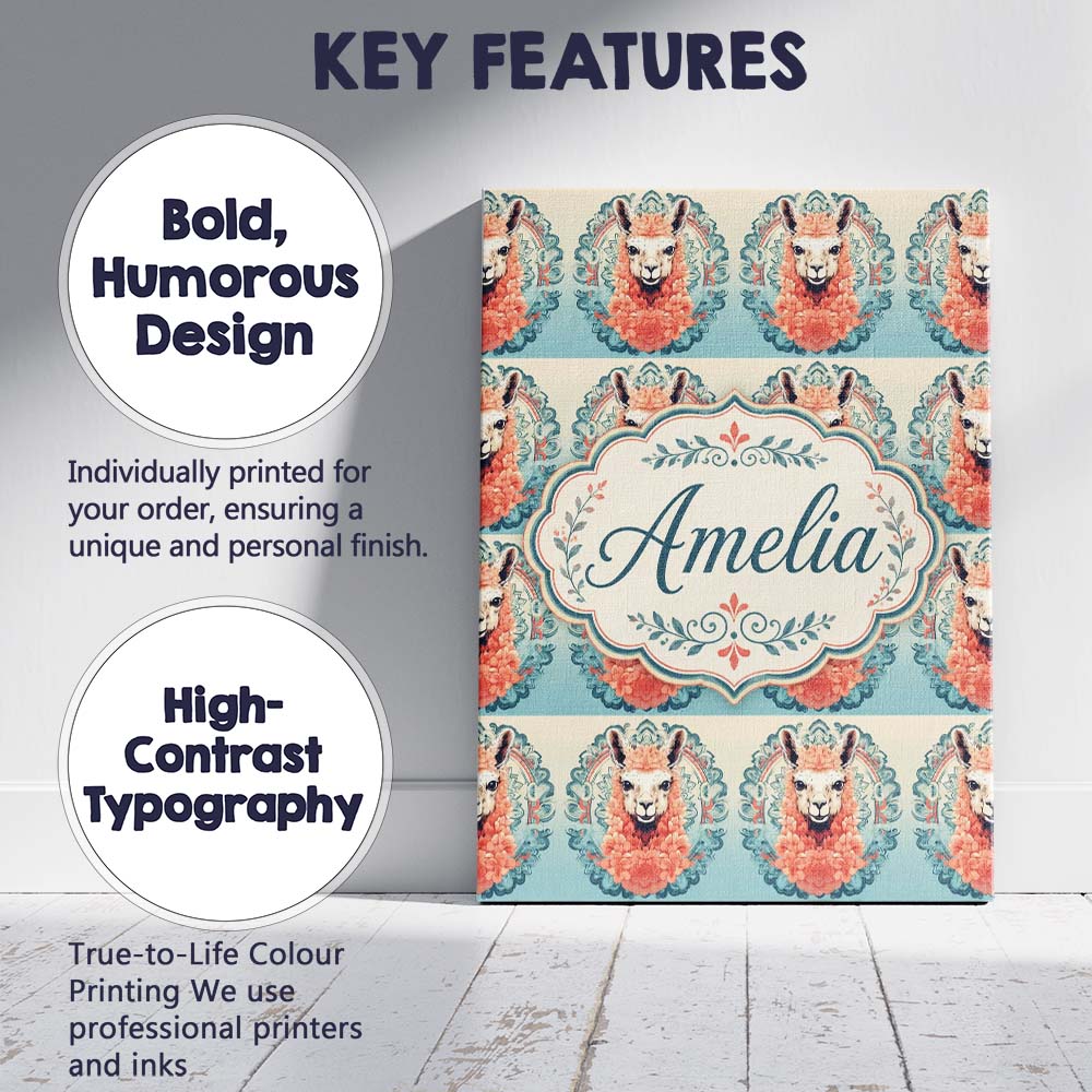 Personalised Name Floral Llama Portrait Custom Modern Room Accent Elegant Feature Canvas Wall Art Print Decor Picture Ready to Hang