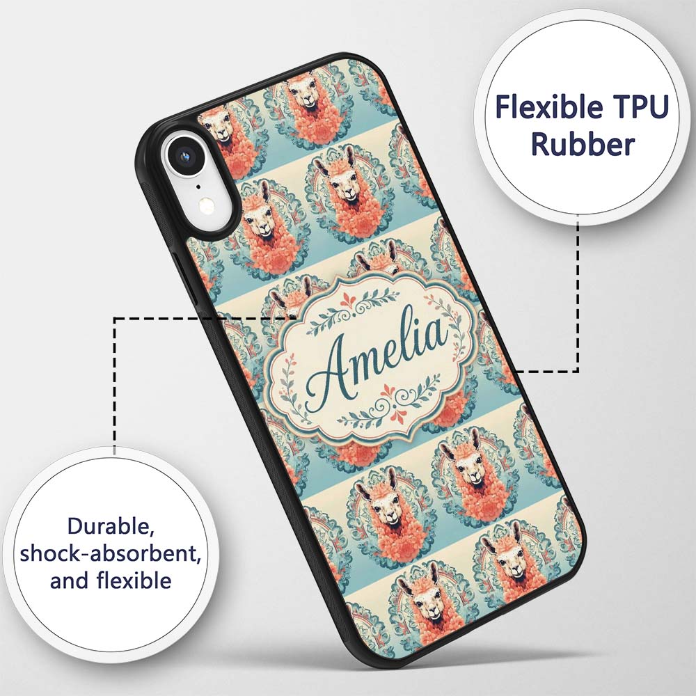 Floral Llama Portrait with Ornate Printed Design Custom Name Protective Phone Case Mobile Cover Durable Everyday Smartphone Shock Resistant