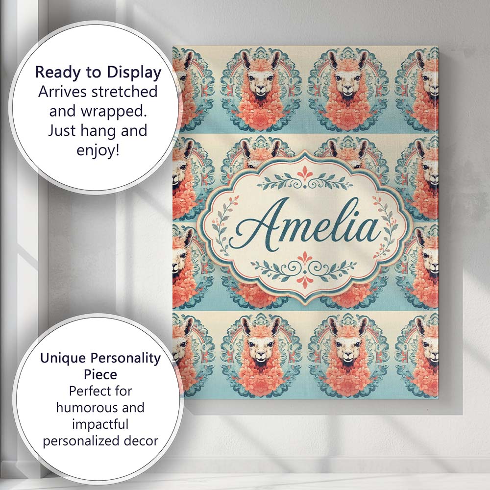 Personalised Name Floral Llama Portrait Custom Modern Room Accent Elegant Feature Canvas Wall Art Print Decor Picture Ready to Hang