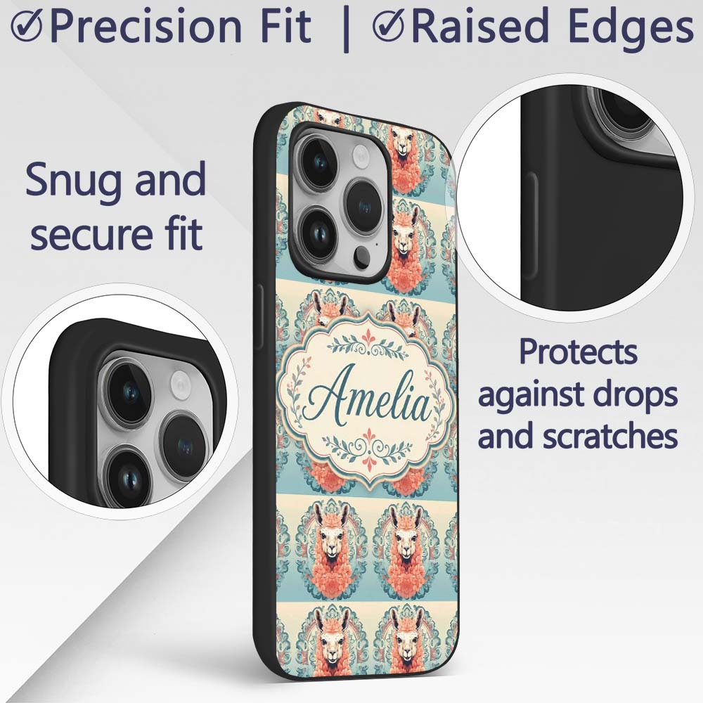 Floral Llama Portrait with Ornate Printed Design Custom Name Protective Phone Case Mobile Cover Durable Everyday Smartphone Shock Resistant