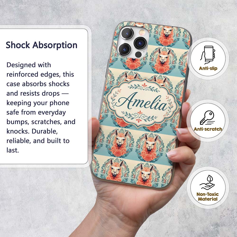 Floral Llama Portrait with Ornate Printed Design Custom Name Protective Phone Case Mobile Cover Durable Everyday Smartphone Shock Resistant