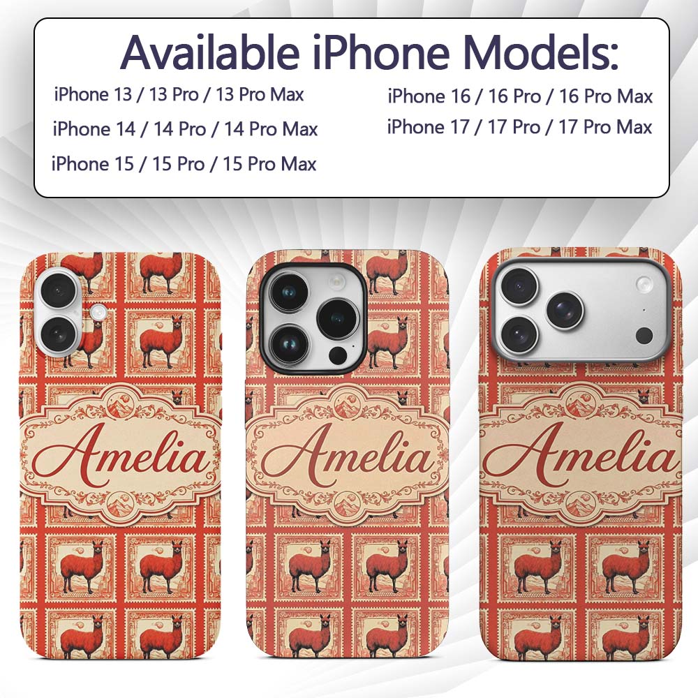 Vintage Red Llama Stamp Style Printed Design Custom Name Protective Phone Case Mobile Cover Durable Everyday Smartphone Shock Resistant