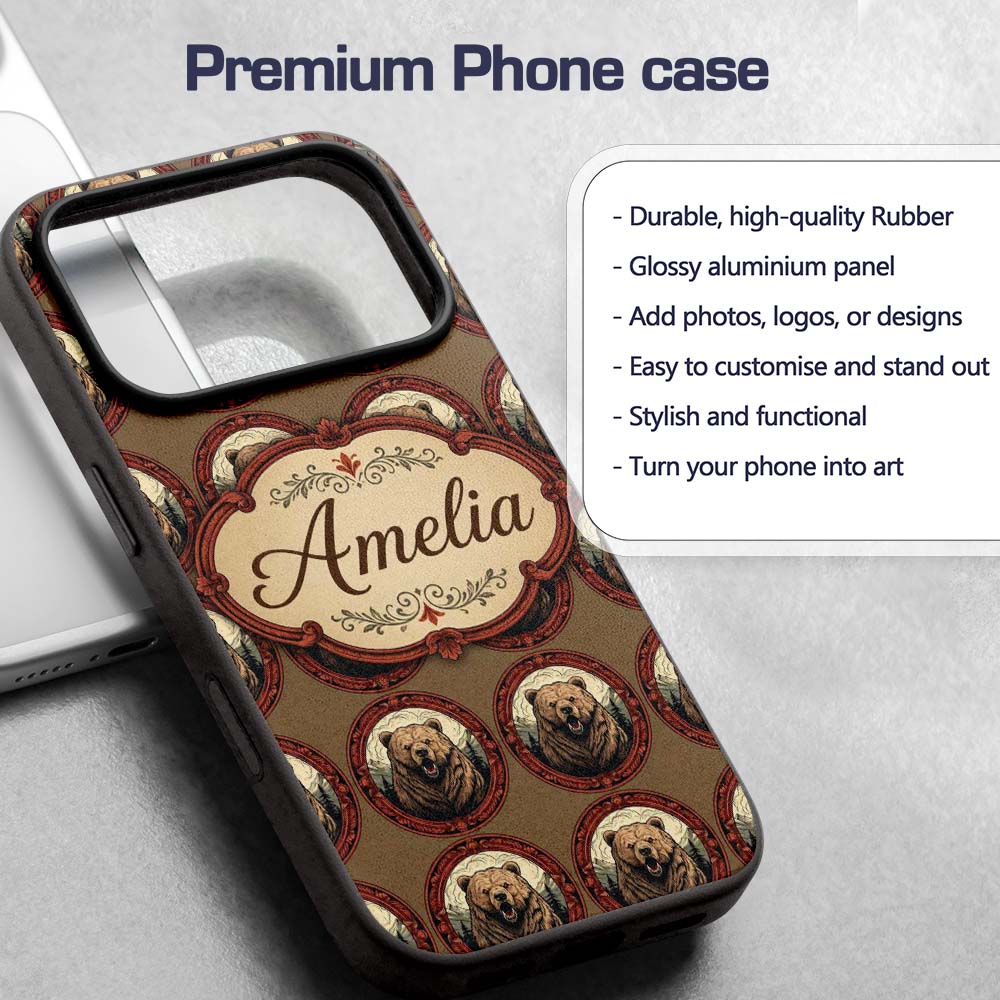 Majestic Bear Portrait in Ornate Frame Seamless Custom Name Protective Phone Case Mobile Cover Durable Everyday Smartphone Shock Resistant