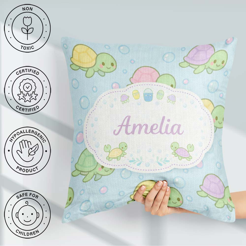 Custom Name Cute Pastel Turtle Cartoon Animal Ocean Pattern Cup Square Filled Cushion Throw Pillow Sofa Bed Home Decor Zip Washable UK Made