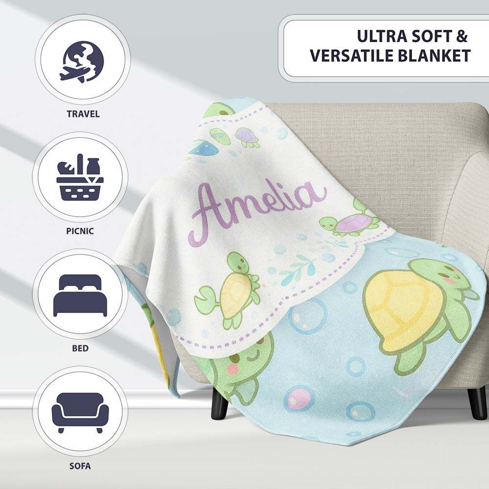 Cute Pastel Turtle Cartoon Animal Ocean Pattern Beautiful Coffee Cup Personalised Custom Name Super Soft Fleece Blanket Bed Sofa Throw